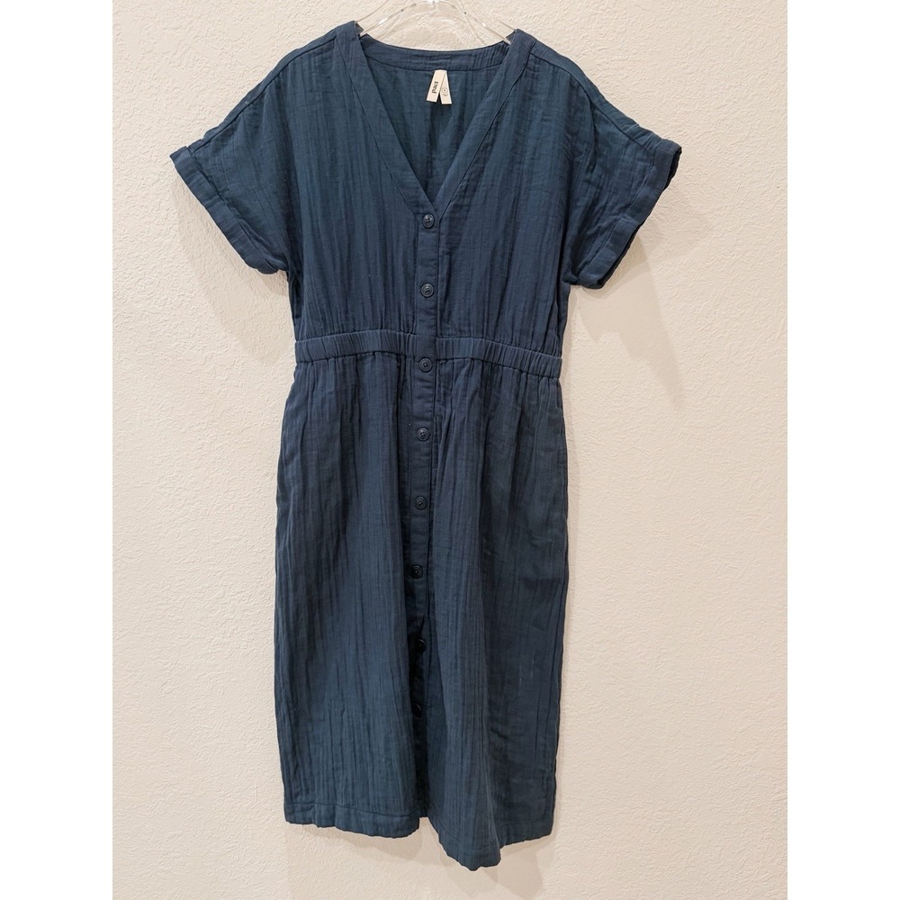 Pact Coastal Double Gauze Dress M Blue Organic Cotton Button Front Midi Dress
